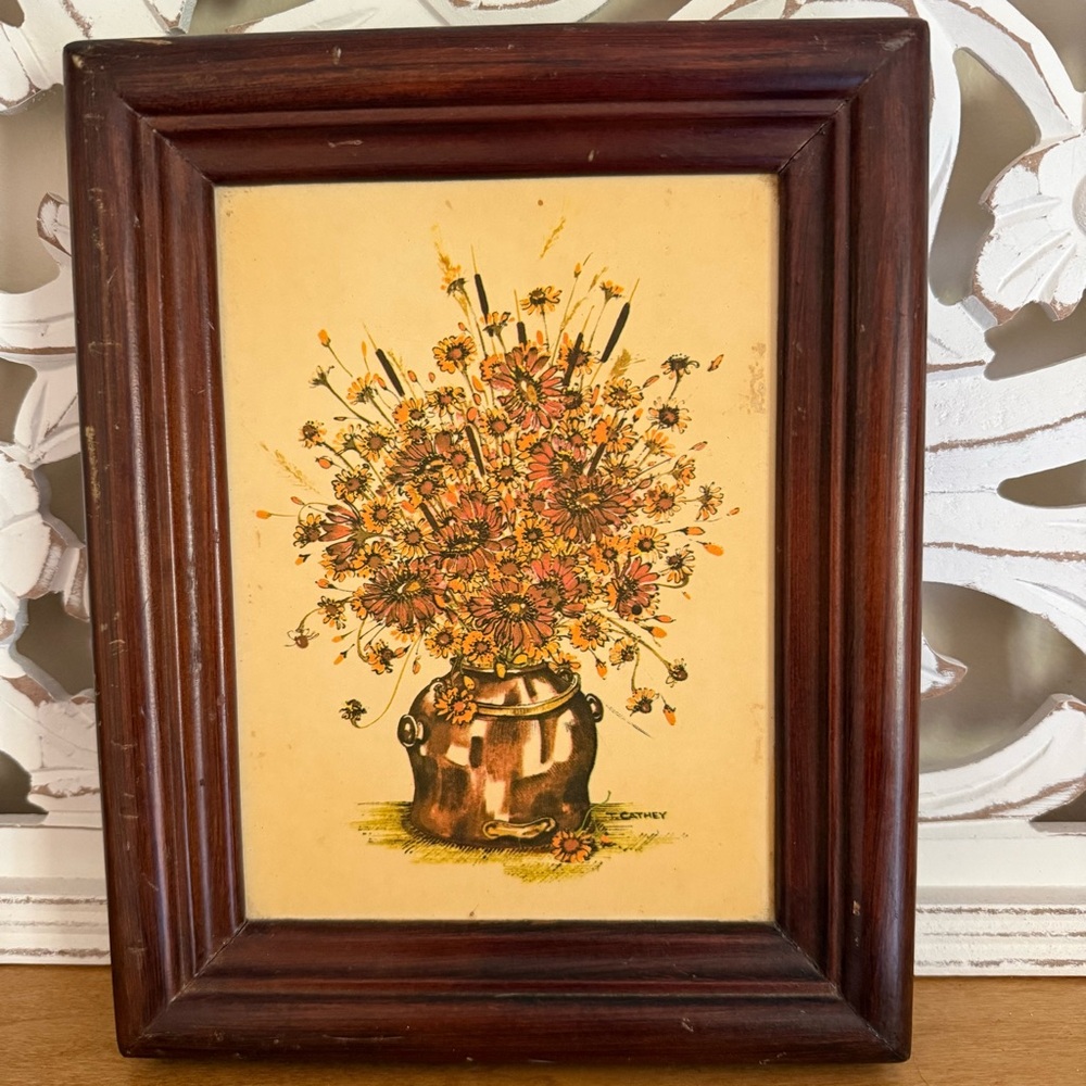 Rustic Vintage T. Cathey Floral Still Life – Signed & Framed Artwork